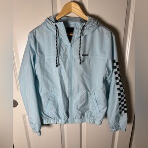 Vans Hooded Windbreaker Jacket Full Zip-Up Light Blue Checkered Design Sz Small